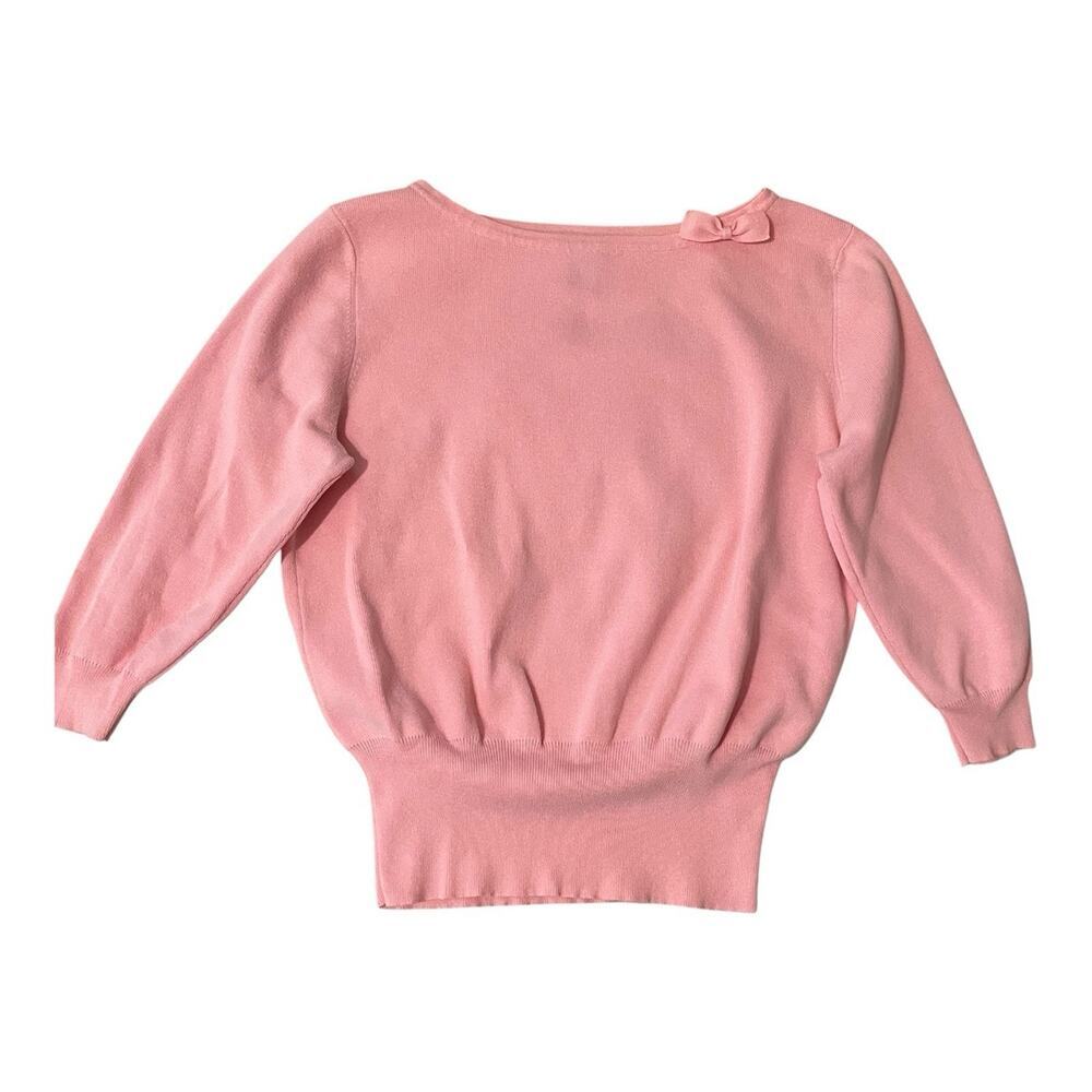 Vintage Y2K Sweater Women Size Large Pink Hampshire Studio Preppy 3/4 Sleeve Bow